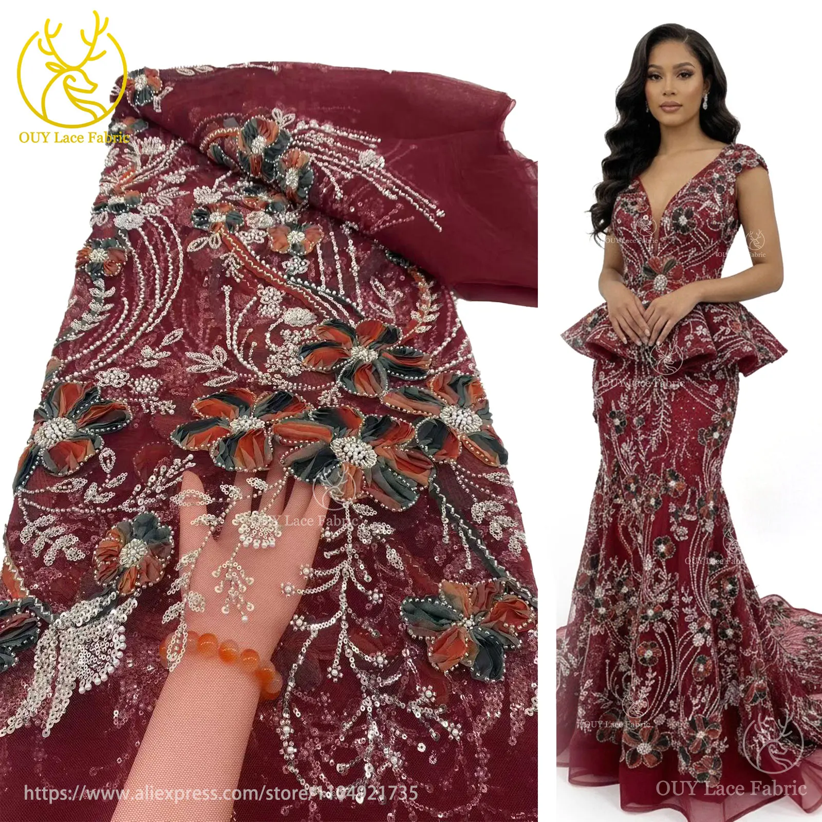 

Fashion African Beaded Mesh Lace Fabric 2025 French Nigerian Sequins Embroidery Tulle Fabric For Women Wedding Dress Sewing