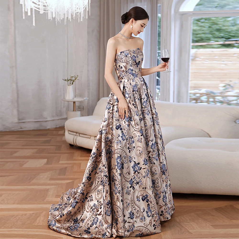 Women's Floral Print Strapless Evening Gown 2025 New Light Luxury Sequin Ball Gown Waist-Cinching A-Line Lace Up Party Dress