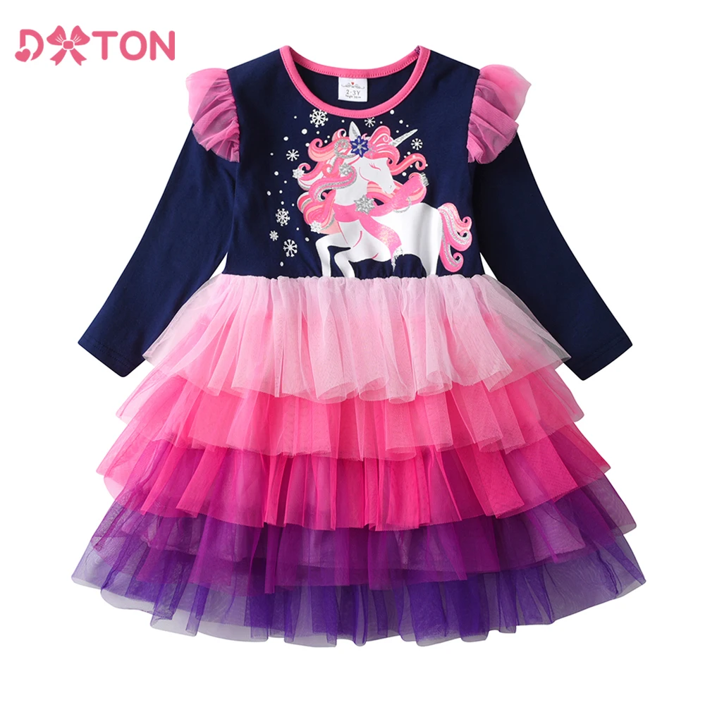 DXTON Cartoon Kids Dresses Ruffled Long Sleeve Toddler Dress For Girls Unicorn Five Layer Mesh Baby Princess Dress Vestidos 12Y
