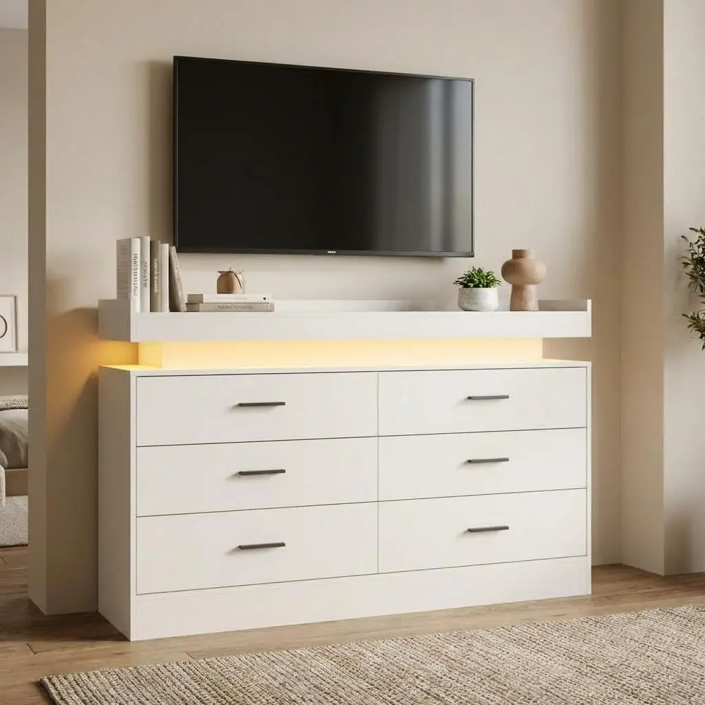 TV Stand Cabinet with LED Lights & Charging Station, Coffee Bar Cabinet Floating Countertop, Modern Sideboard, Customized