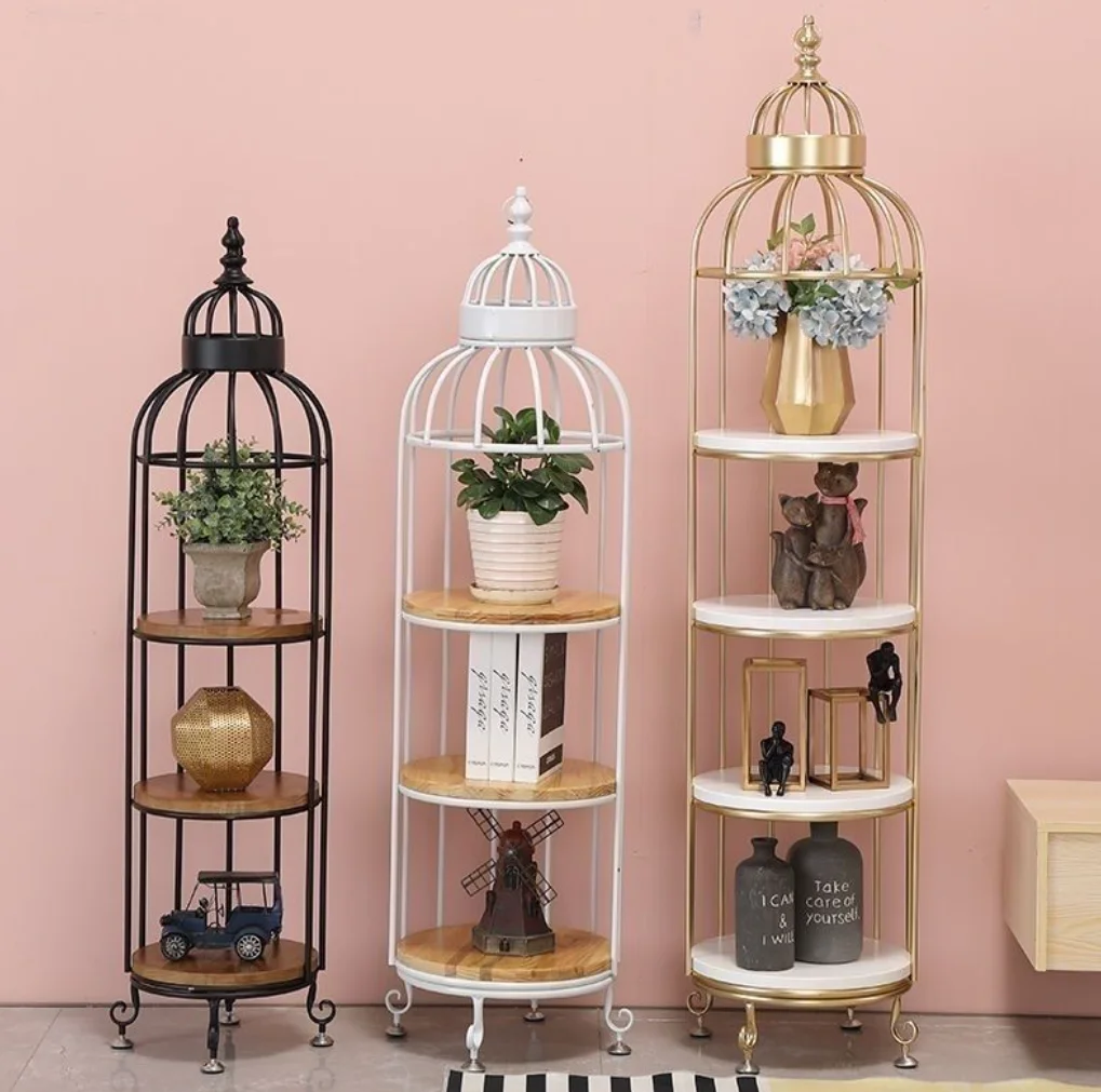 

#American Luxury Modern Wheeled Decorative Ornament Rack Storage Multilayer Iron Birdcage Flower Stand Living Room Storage Holde