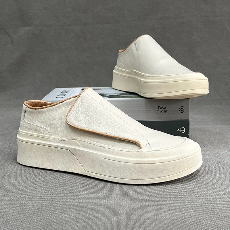 Simple Design Men Sneakers Genuine Leather Walking Shoes Mules Thick Platform Sole Ladies Daily Casual Skate Shoes