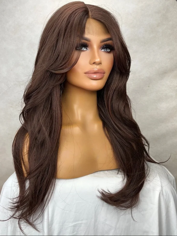 شعر مستعار مموج طبيعي بلون الشوكولاتة البني الاصطناعية باروكة أمامية من الدانتيل شعر مستعار نسائي عالي الجودة للاستخدام اليومي للحفلات #3