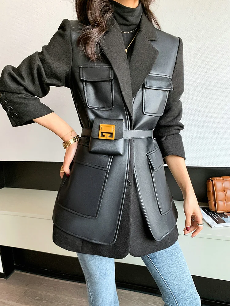 Fashion Street Women\'s Wool Coat 2024 Autumn Winter New PU Leather Patchwork Turn-down Collar Temperament Pocket leather jacket