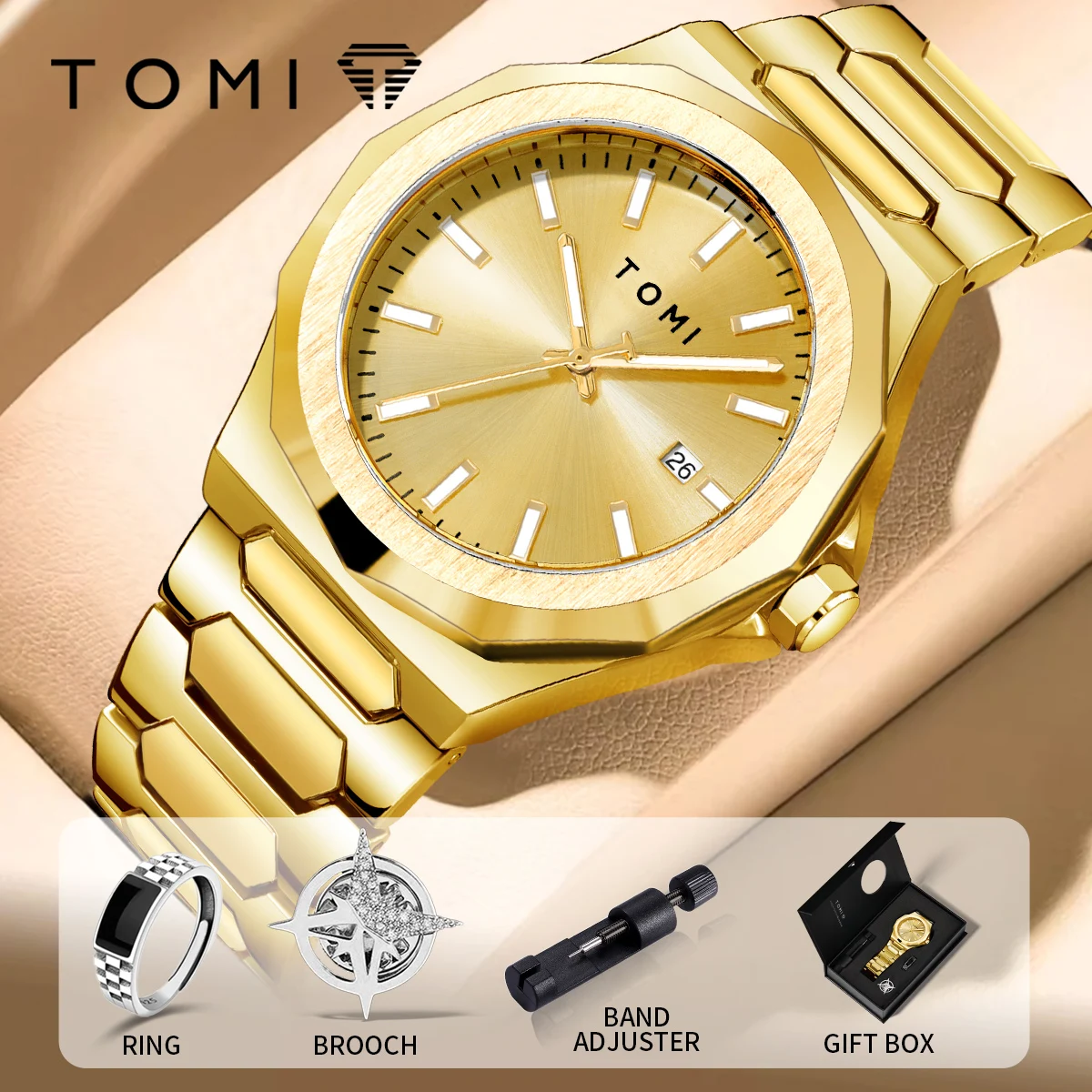 TOMI Premium Luxury Men Quartz Watch Business Classic Round Dial Stainless Steel Band Fashion High Grade Formal Wristwatch Gift