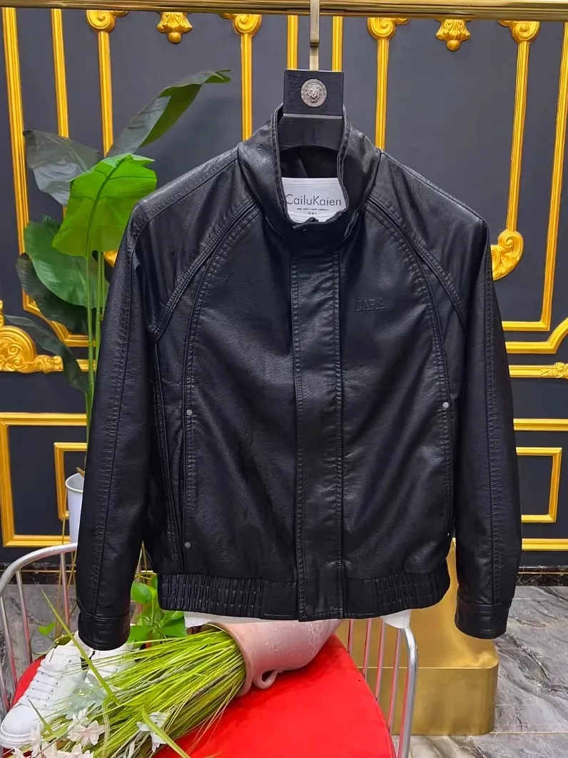 

Fall Men's New PU Leather Jaet Casual Cool Busin High-End Faion Stand Fit Long Sve Zipper Closure Antibacterial