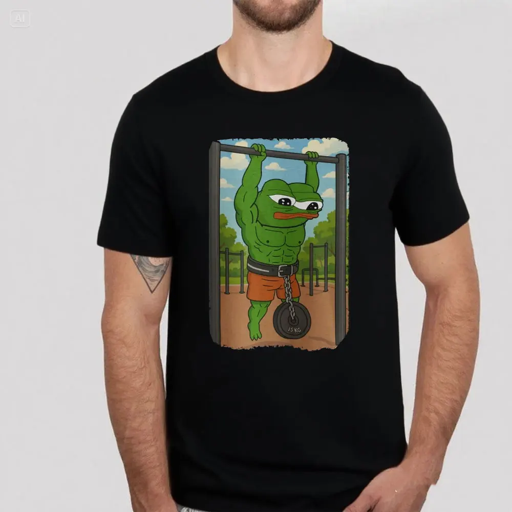 Swole Pepe The Frog Weighted Pull Ups Fren Fitness Meme Muscles Funny Gym Culture Outdoor Calisthenics Humor Graphic Cotton Tees