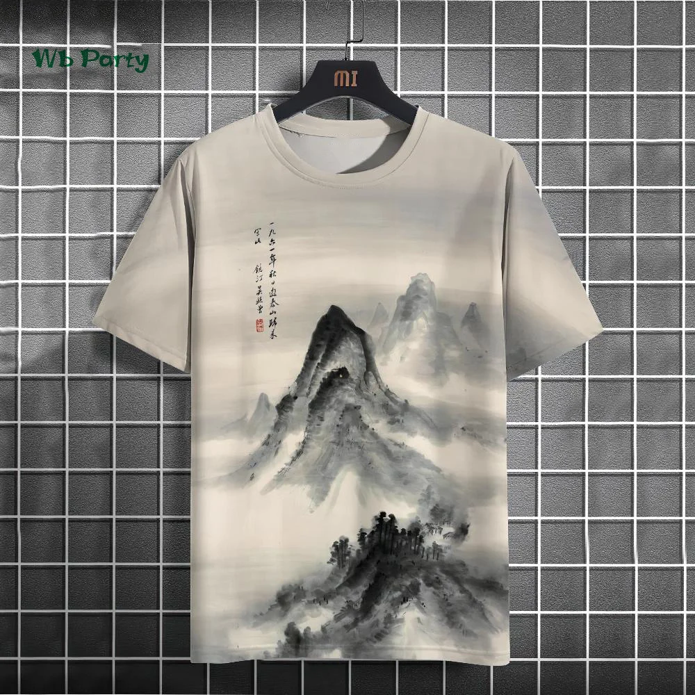 Fashionable Men's T-Shirt with Ink Painting Print Short-Sleeved T-Shirt Oversized Casual Top Summer Men's Daily Outdoor Clothing