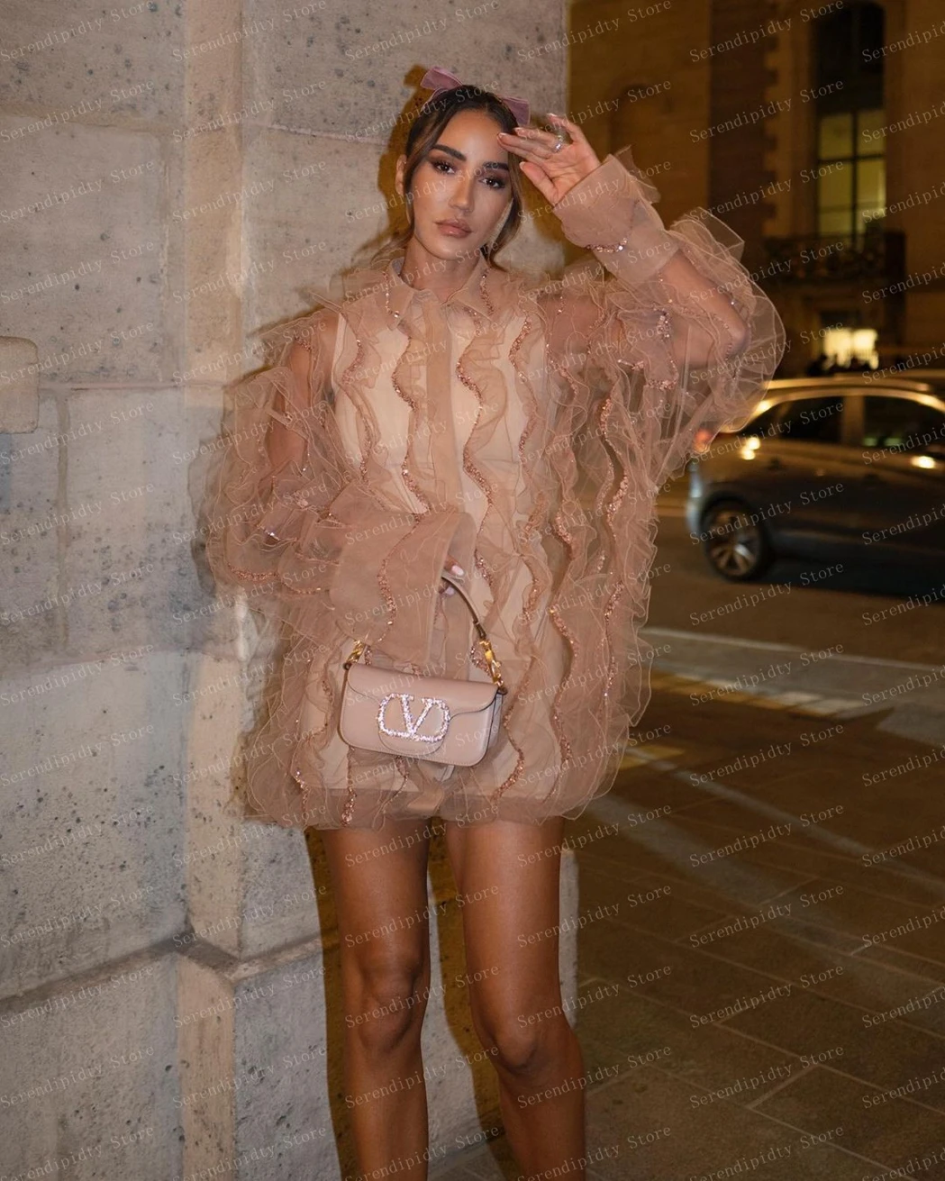 O-neck See Through Long Sleeve Champagne Mini Party Dress Sequins Two Piece Set Shirt & Bodycon Gown Ever Pretty Dresses