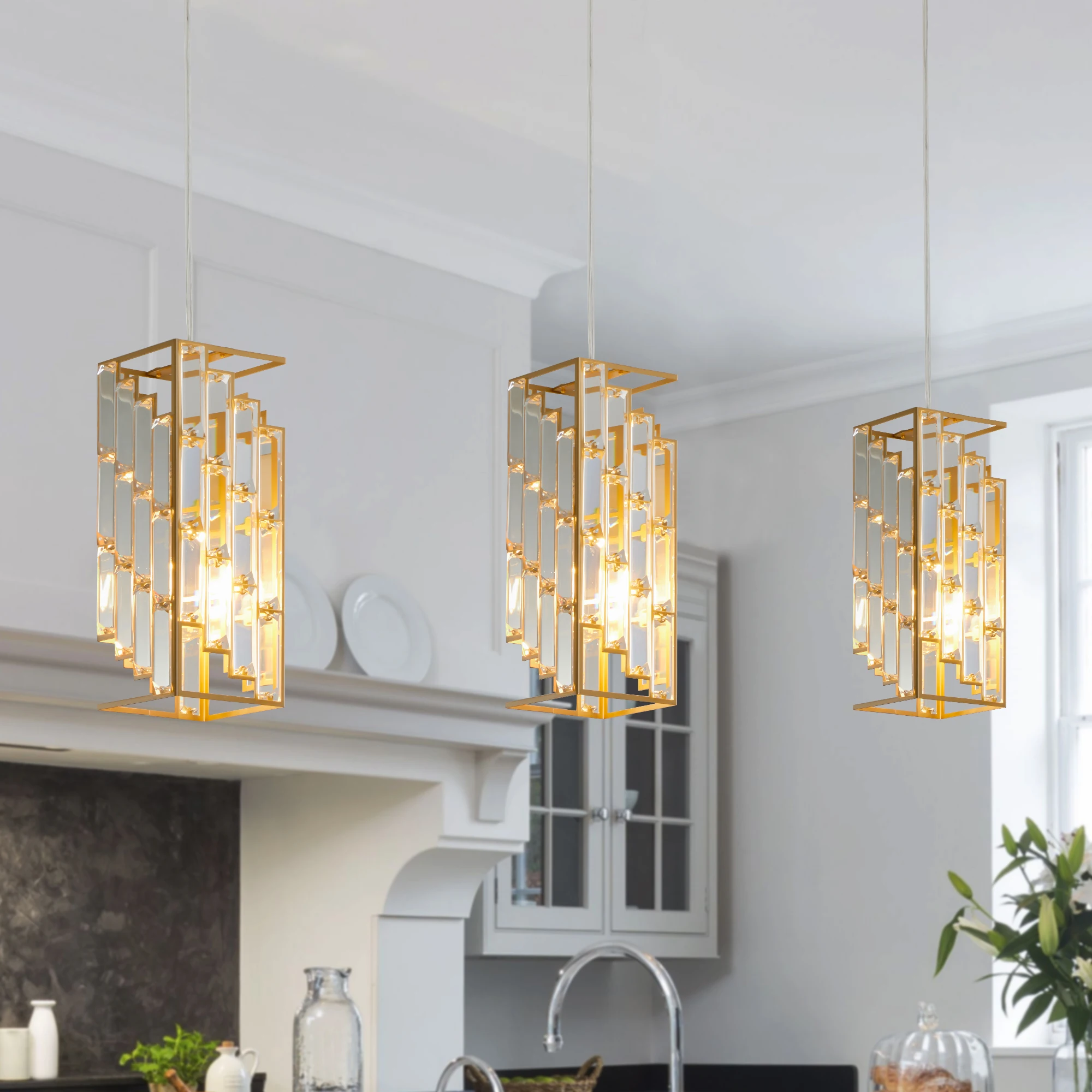 Modern Crystal Pendant Light - 3 Pack, Adjustable Hanging Ceiling Lamp with Crystal Prism Design -Golden Finish