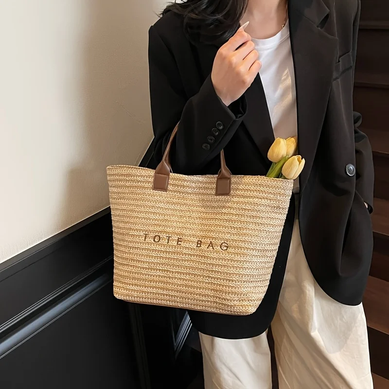 Handheld large capacity commuting letter embroidered woven bag, women's fashionable casual grass woven bag, tote bag, handbag image 4