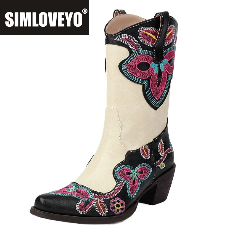 

SIMLOVEYO Female Boots Pointed Toe Block Heels Slip On Mixed Color Embroider Big Size 44 45 46 Ankle Boots