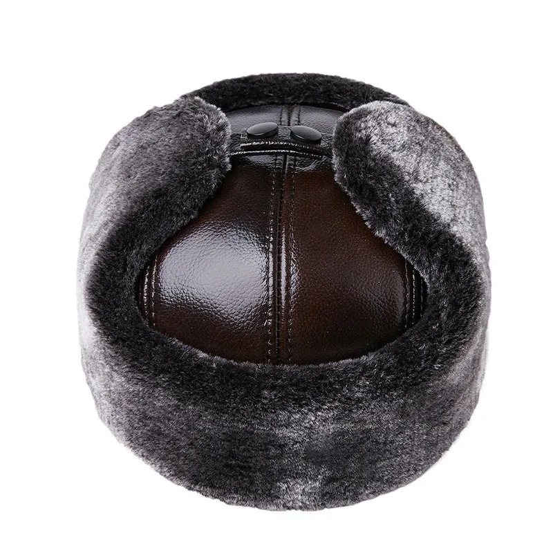 قبعة Lei Feng، قبعة فرو شتوية للرجال، قبعة من الجلد الطبيعي، قبعة قناع أذن سميكة دافئة من جلد البقر، قبعة تزلج للرجال
