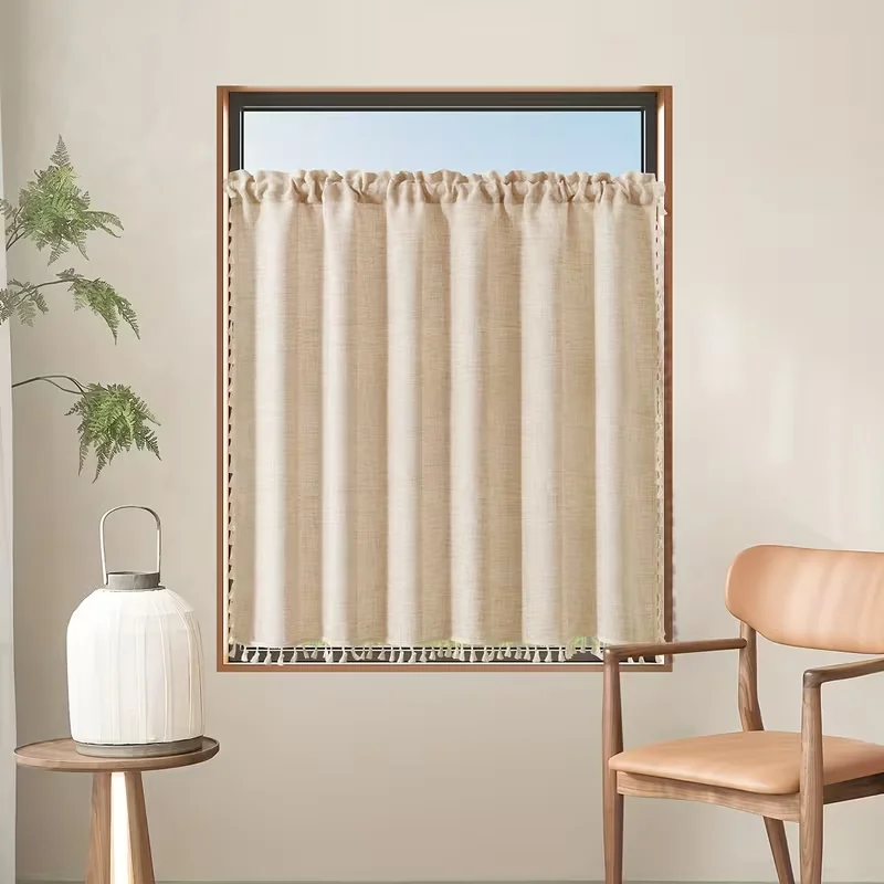 1PC Japanese Style Linen Look Curtain, Brown Tassel Short Cafe Curtain Rod Pocket Window Valance for Kitchen Bedroom Living Room
