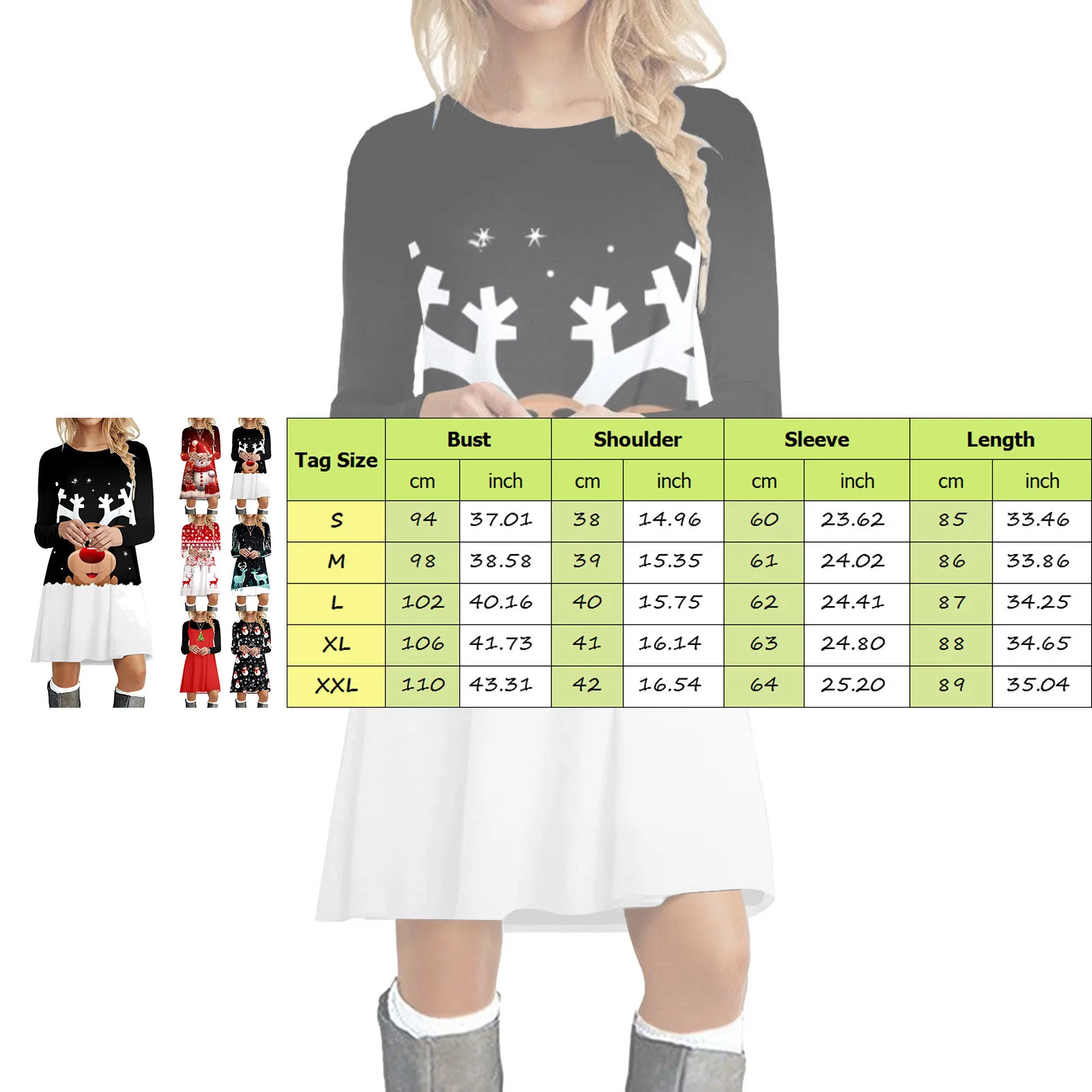 Cute Christmas Elk Print Dresses For Women Autumn Fashion Long Sleeve Loose A-Line Dress Casual Party Dress 2023 Winter Clothing