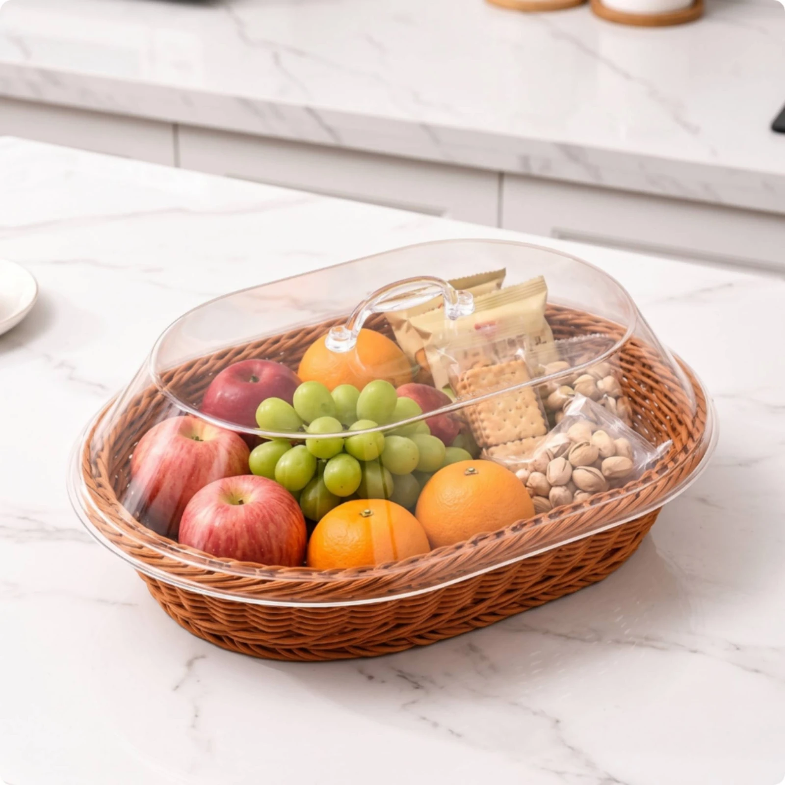 Bread Basket with Acrylic Cover Low-Height Rattan Basket with Acrylic Lid Rustic Versatile for Bakeries, Kitchen Countertop