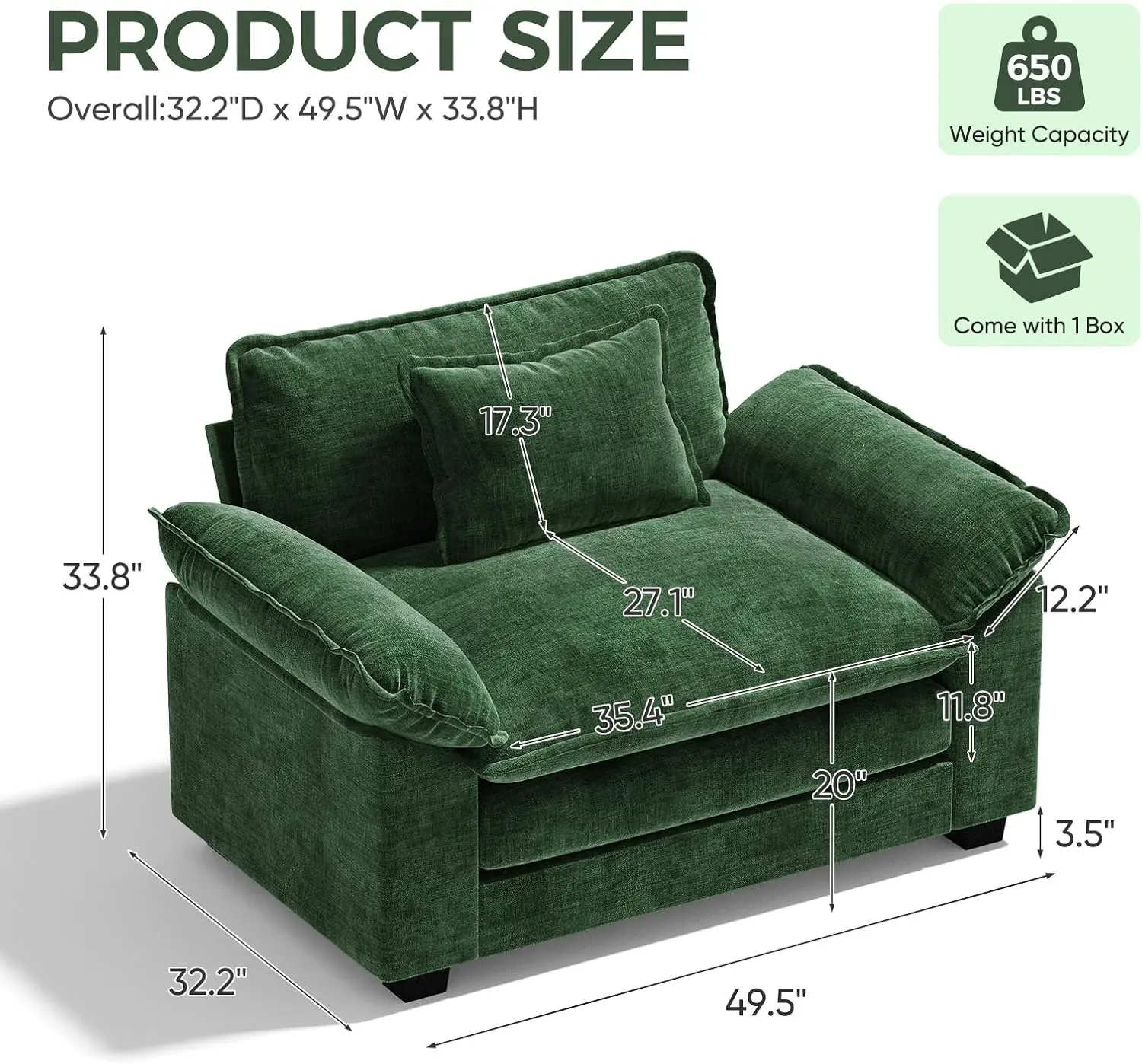 Oversized Accent Chair, 50'' W Chenille Cloud Sofa Chair, Green | Comfy Upholstered Reading Chair, Extra Wide Armchair, Modern