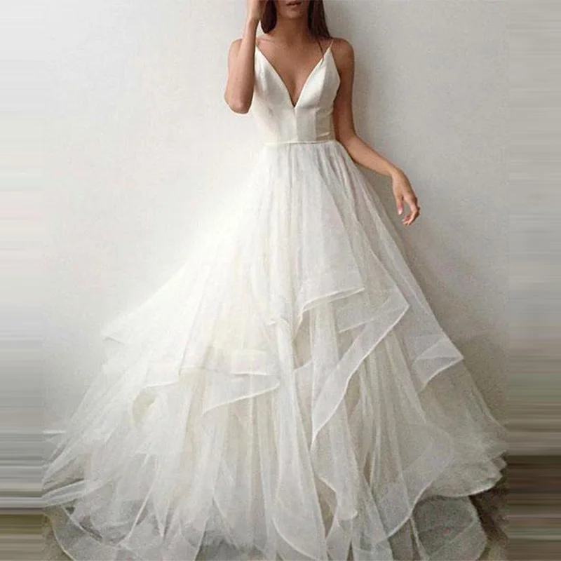 

Robes De Mariee Sexy V neck Spaghetti Straps Tiered Tulle Wedding Dress Satin Backless Bridal Wedding Gown Vestidos Novia