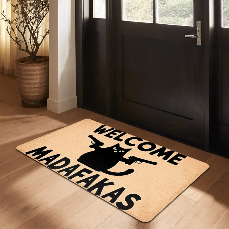 Funny Black Cat Hold Pistols Welcome Quote Flannel Doormat Non Slip Indoor Entrance Floor Mat Humorous Front Door Rug Home Decor
