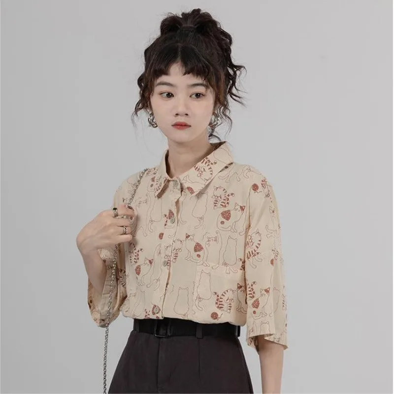 XEJ Kawaii Shirt Cat Printed Shirt Korean Style Chic Women Blouse Hawaiian Women\'s Summer Blouse Oversized Shirt