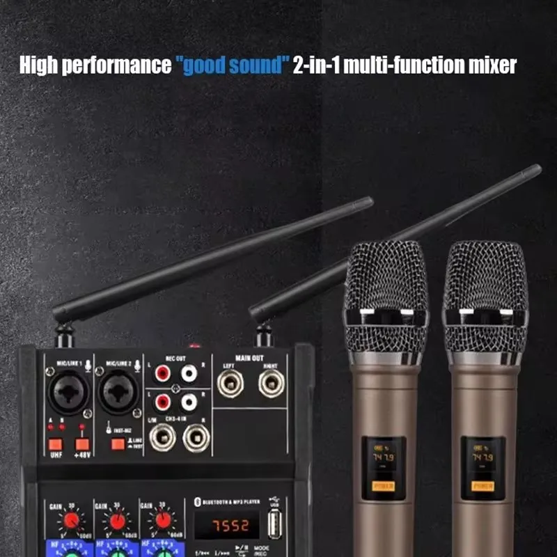 4Channel Audio Mixer Console with Wireless Microphone Sound Mixing with Bluetooth USB Mini Dj Mixer+Wireless Karaoke