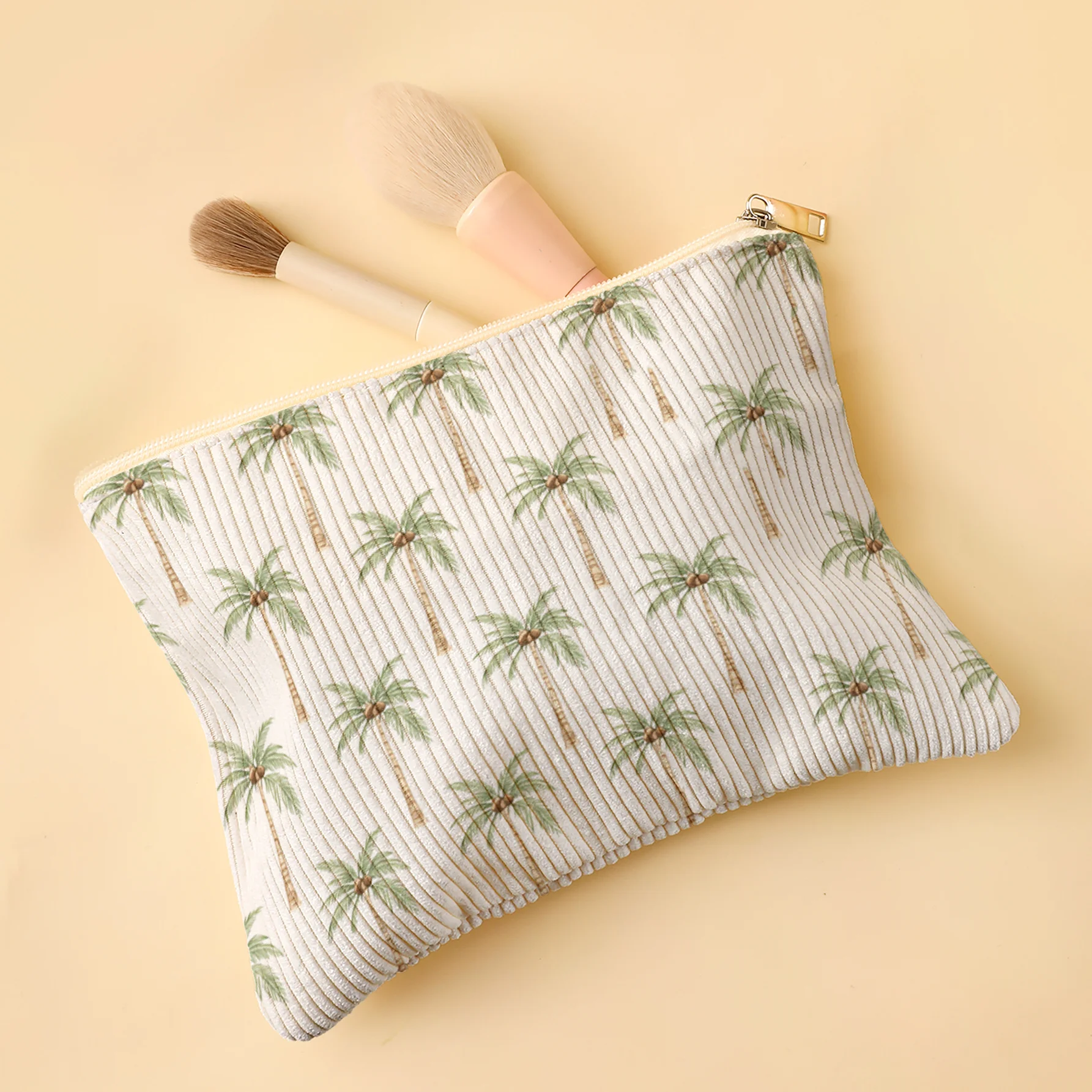 Korea Style Corduroy Cosmetic Bag Tropical Palm Tree Print Zipper Makeup Pouch Large Capacity Travel Toiletry Storage Purse