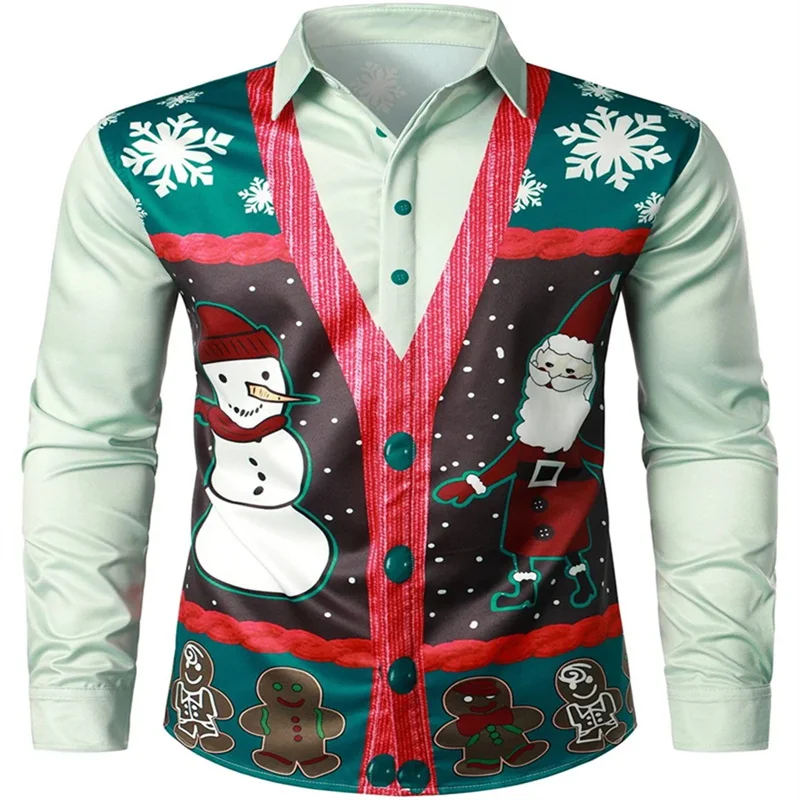 Brand New Men\'s Christmas T-Shirt Long Sleeve Button Shirt HD Christmas Tree Pattern Soft and Comfortable XS-6XL