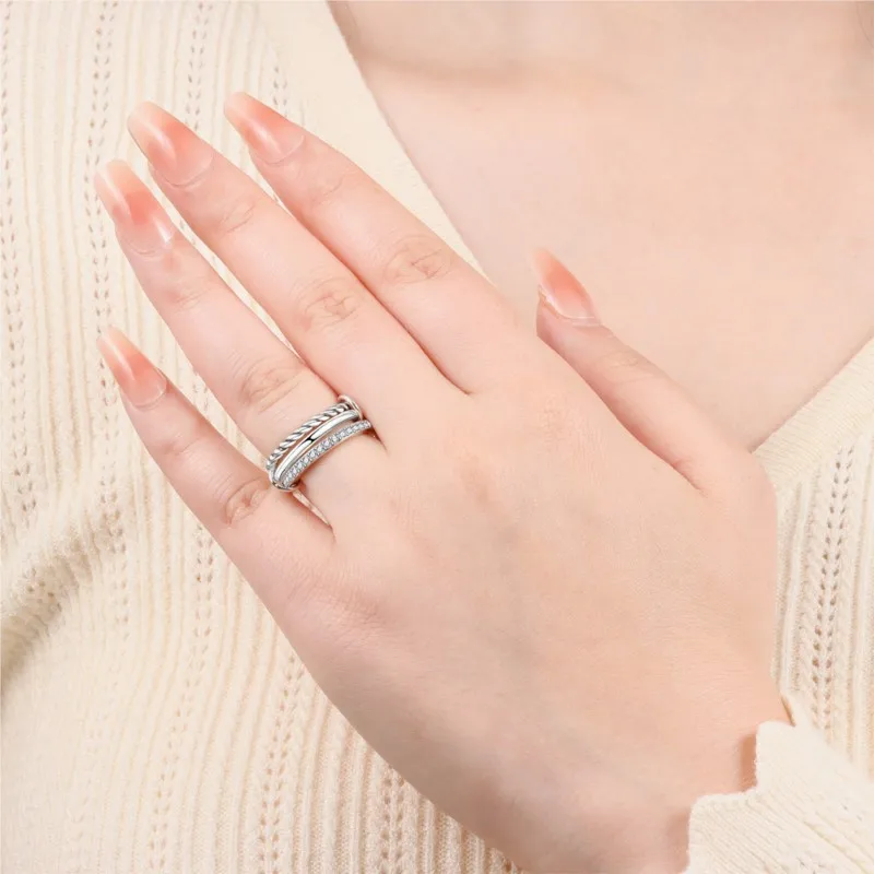 MISEFF New 925 Sterling Silver Shining Star Three Laps Rings Inlay Zircon For Wedding Engagement Birthday Silver Jewelry Gifts