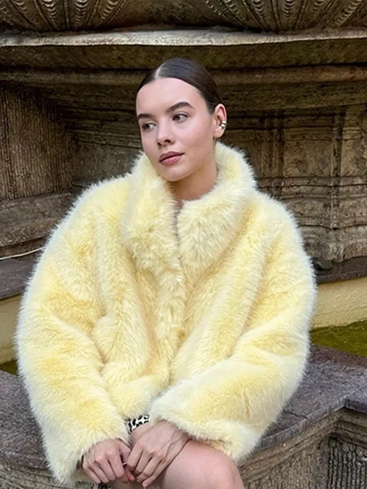 Vintage Thicken Fluffy Fur Coats Women Casual Loose Warm Yellow Faux Fur Open Overcoat Female Winter Elegant Chic Street Outwear