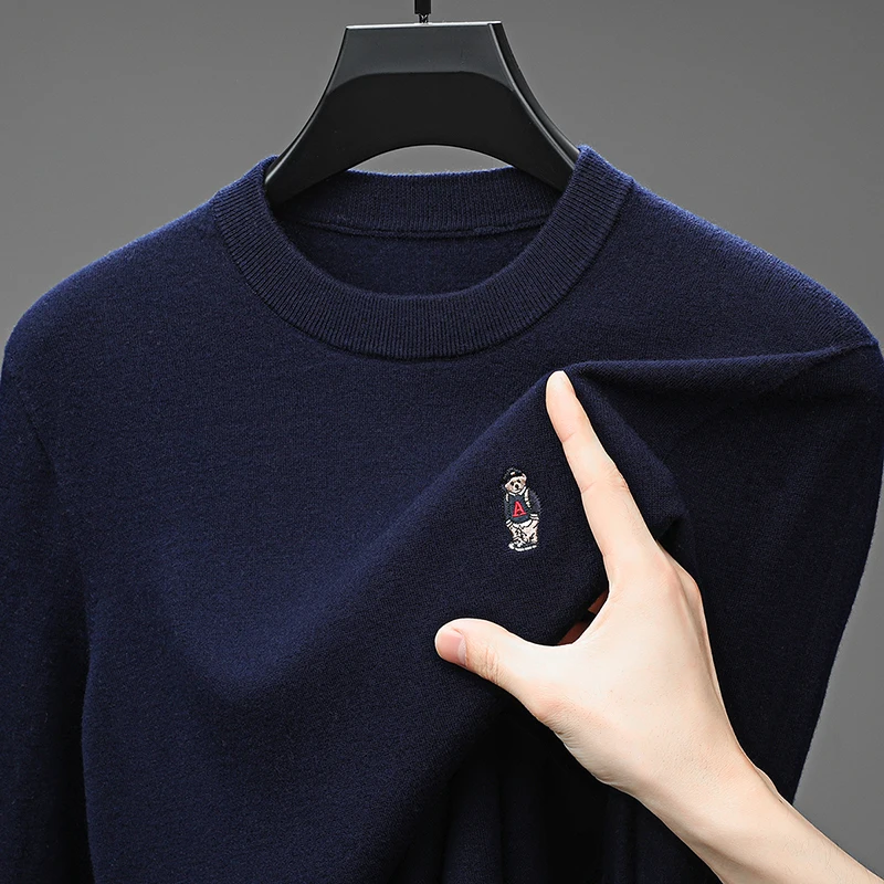 Sheep wool100% Men's autumn high quality long sleeves pullover round neck keep warm embroidery sweater leisure Men's clothing