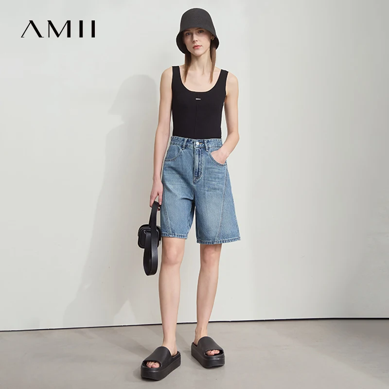 AMII กางเกงยีนส์ผู้หญิงกางเกงขาสั้นมินิมอลลิสต์ 2025 ฤดูร้อนใหม่ผ้าฝ้ายกางเกงขากว้างเลดี้ลำลองกระเป๋าแฟชั่นกางเกงยีนส์กางเกงขาสั้น 12542205