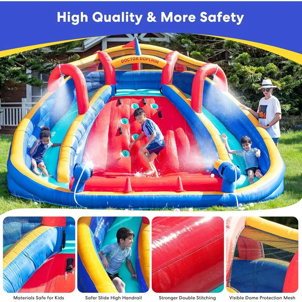 Dwu-kanałowa dmuchana zjeżdżalnia wodna dla dzieci z basenem, ścianą do wspinaczki i domkiem do skakania na podwórko - łatwy montaż na sucho
