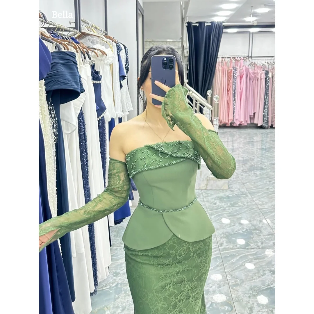 

Индивидуальное платье для выпускного вечера Bella, оливково-зеленое, с открытыми плечами, кружевными длинными рукавами, отделкой из жемчуга, с пышной юбкой-русалка, 2025