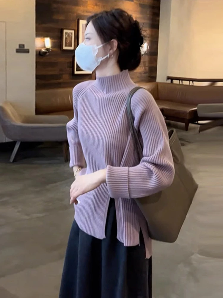 

Purple f High Collar Knitted Sweater Women's Autumn Winter New Year Ele Beautiful Inner Wear Base irt Top