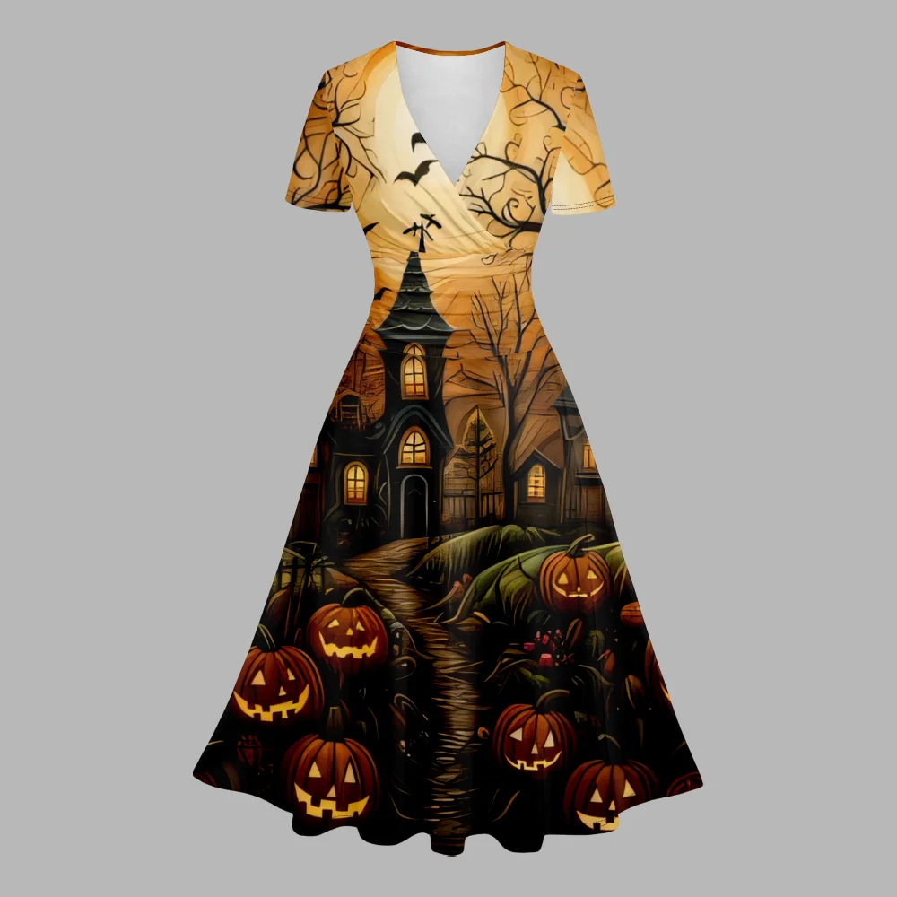 Summer Dress Halloween Pumpkin Dress Women Stylish Party Fashion V Neck A-Line Dresses Resort Dresses Girl Vestido Carnival Robe