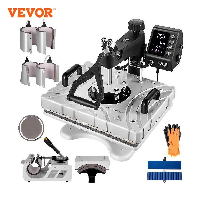 VEVOR 8-in-1 10-in-1 Heat Press Machine 12 x 15 Inch Red Black White 360 Degree Swing Away Design Sublimation for Cap Mug