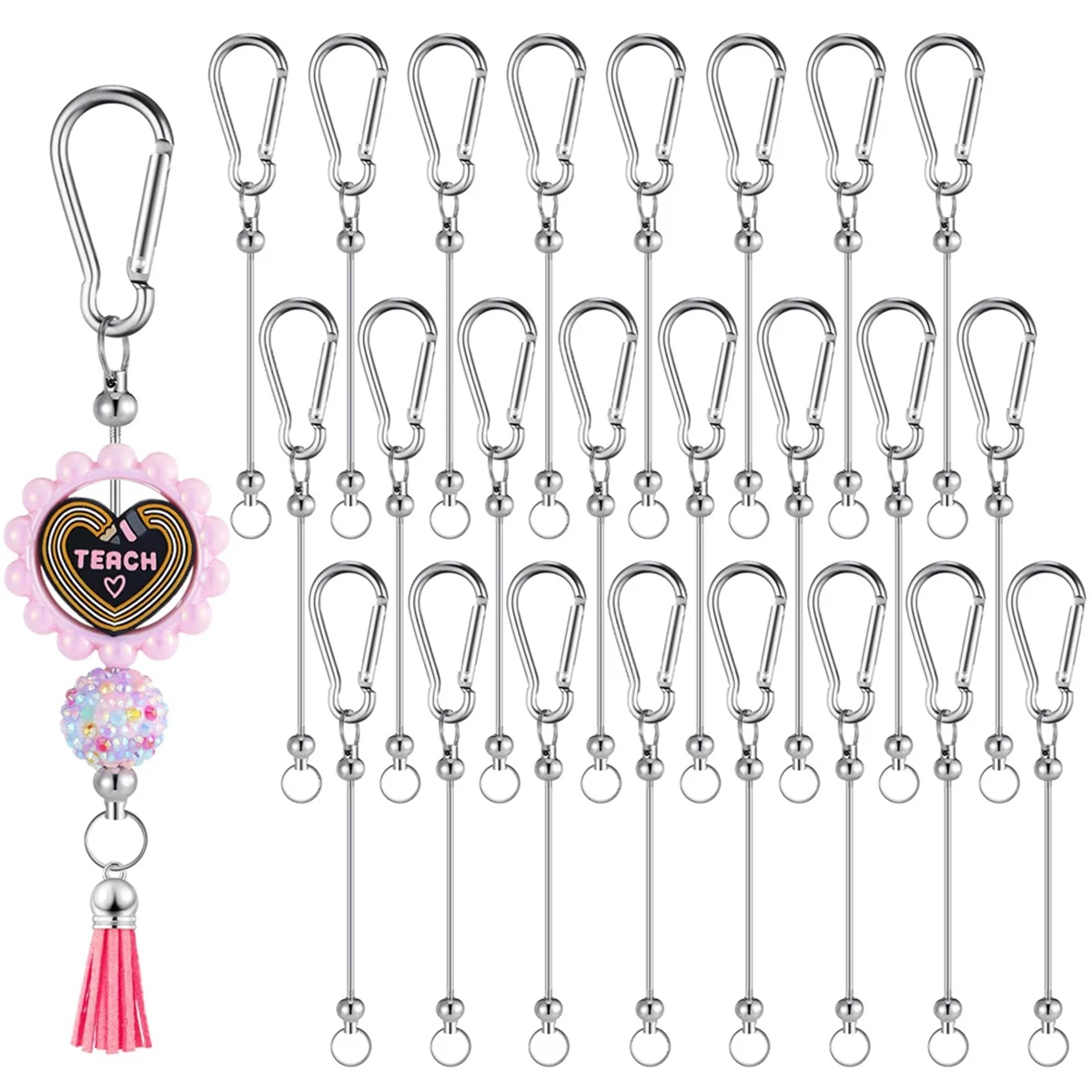 New 24 Pieces Beadable Keychain Bars Silver Bead Keychain Bulk DIY Blank Keychain Bar for Bead Snap Hook Keychain for DIY