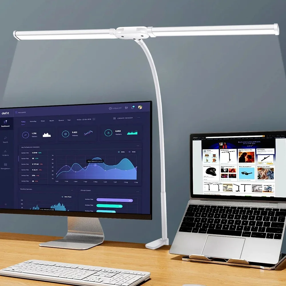 Lampa biurkowa LED z podwójną głowicą, bezstopniowo ściemnialna, do monitora biurowego, lampka na biurko, lampka do czytania w sypialni, ochrona oczu