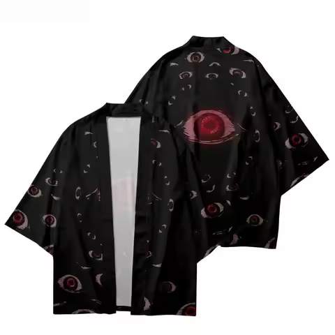 Funny Eye Print Fashion Cosplay Haori Shirts Women Men Streetwear Beach Cardigan Black Tops Traditional Kimono Yukata