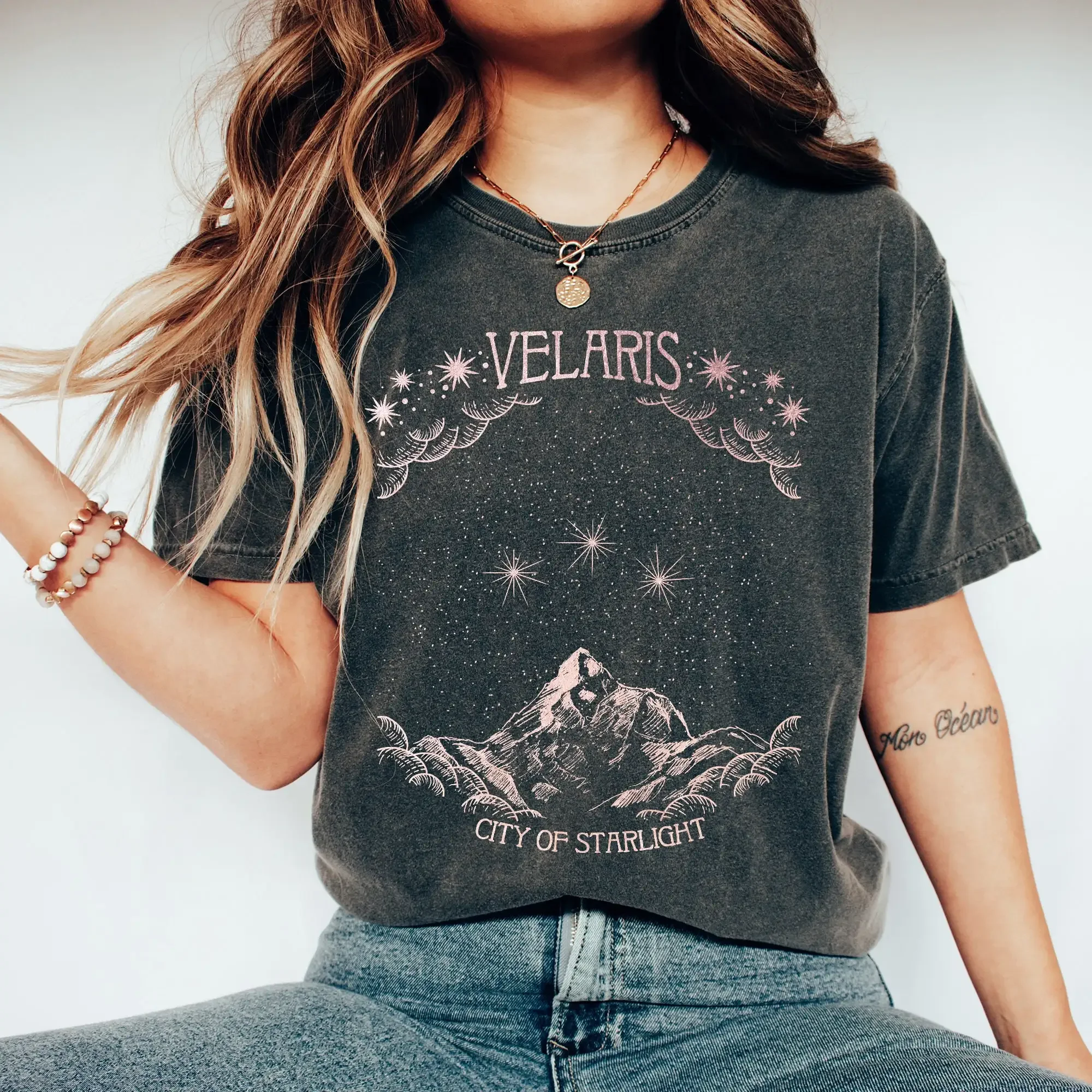 ACOTAR Velaris t-shirt City of Starlight Court of Thorn and Roses 100% Cotton Washed Distressed Top Dark College Casual Y2K Top