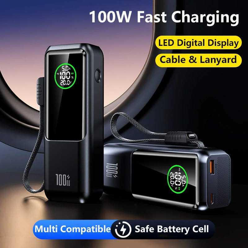 

20000mAh 100W Fast Charging Power Bank with Type-C Cable for Macbook Laptop Notebook Smartphone PD65W Powerbank External Battery