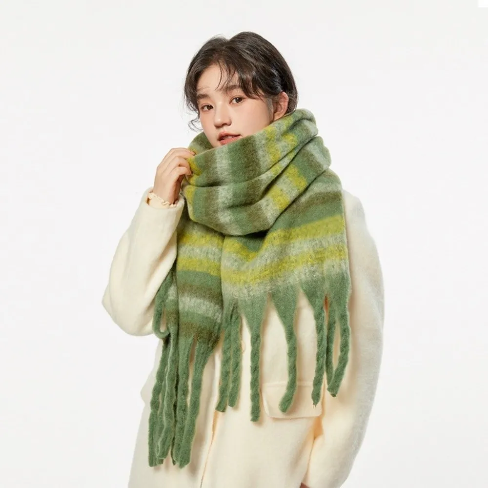 Sweet Rainbow Stripe Wool Scarf Tassel Mohair Winter Cashmere Scarves Korean Style Thicken Long Shawl Women