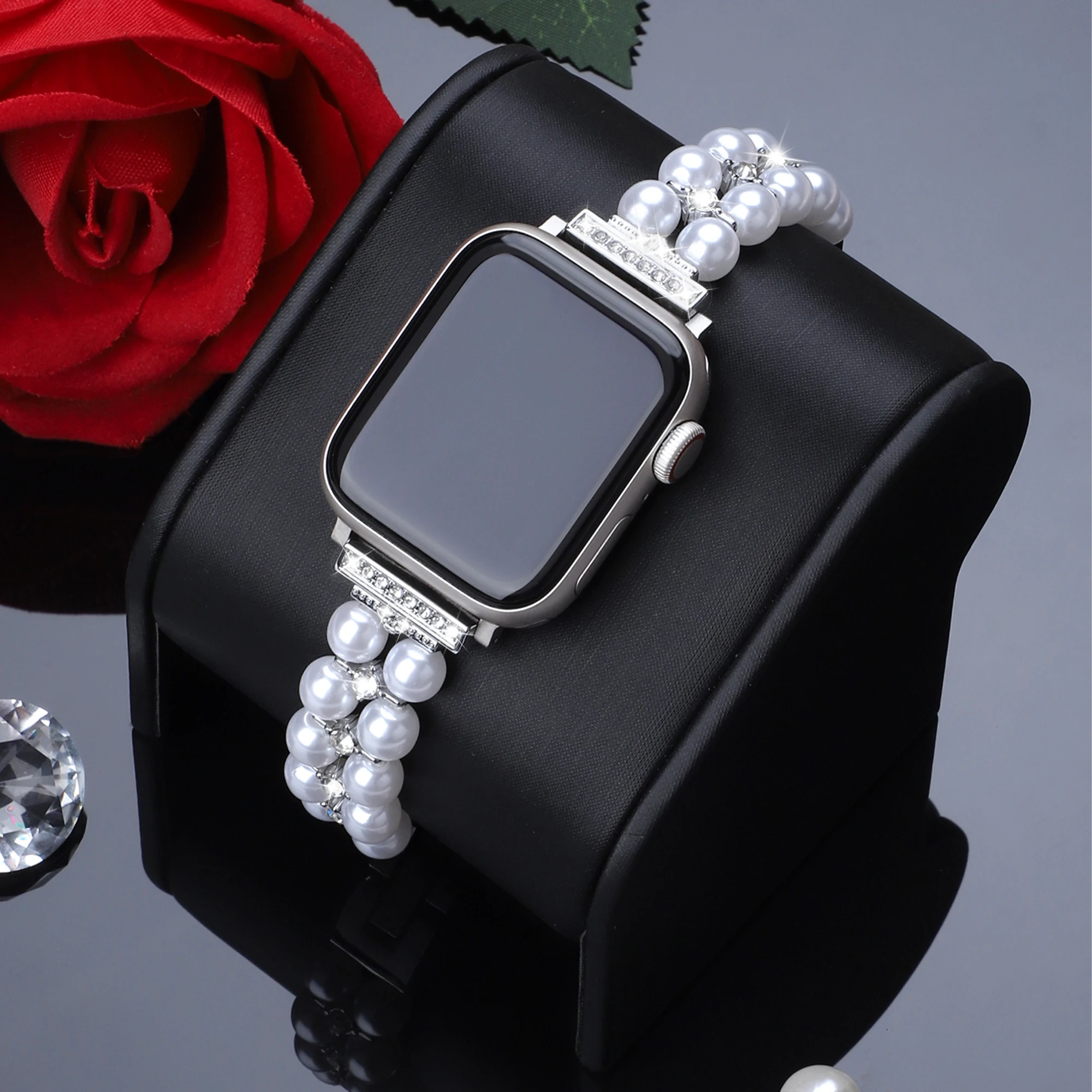 Elegant Diamond Studded Metal Double Row Pearl Strap for Apple Watch Series11/10/9/8/7/6/5/4/3/2/1 38-49mm Womens Watch Band