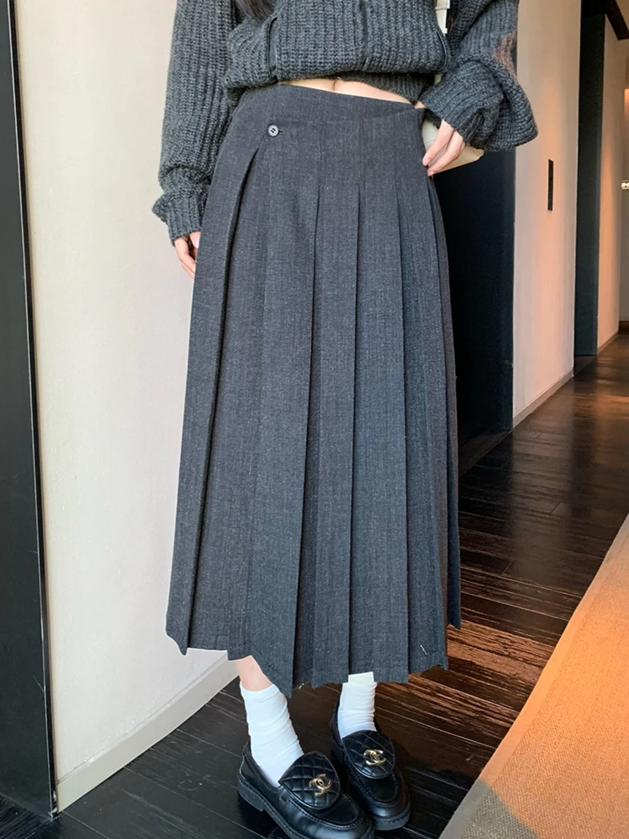 Deep Grey Suit Style A-Line Midi Skirt Women's Autumn Winter Polyester Fiber High Waist Casual High Quality Half Body Skirt
