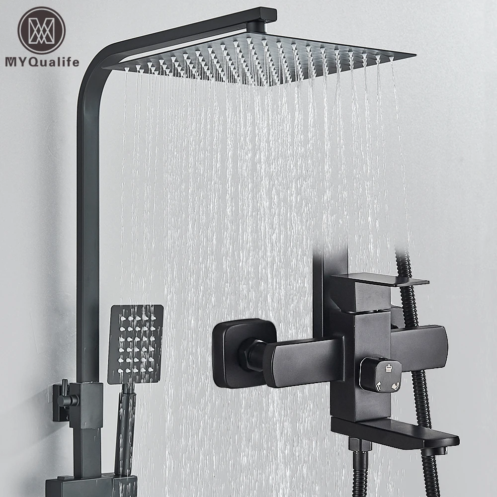 Matte Black Rainfall Shower Faucet Set 8 Inch Showerhead High Pressure Stainless Steel Bathtub Rotate Spout Bath Shower Mixer