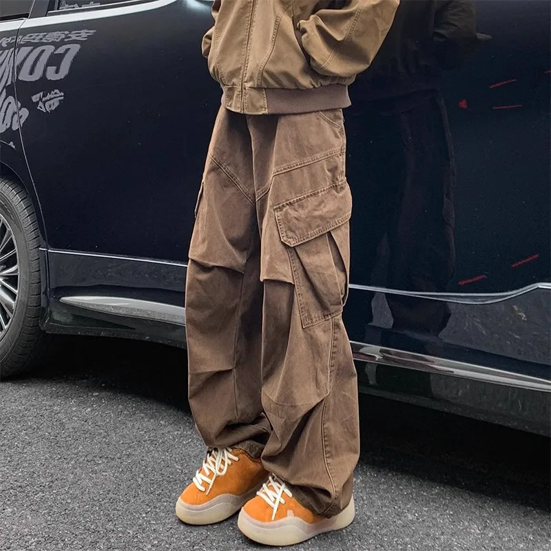 Maillard Brown Curved Knife Work Pants Men's Tactical Pants Advanced Paratrooper Pants Wide Leg Casual Pants Trendy Street