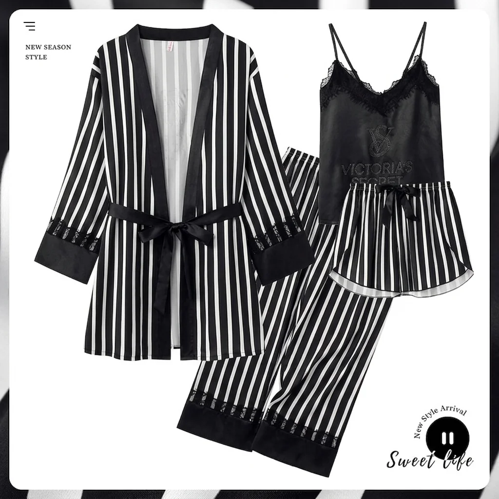 

New Victoria's Secret Sexy Womens Nightwear Underwear Ice Silk Pajamas Set Robe Lace Trim Homewear Ladies Sleepwear Chemise