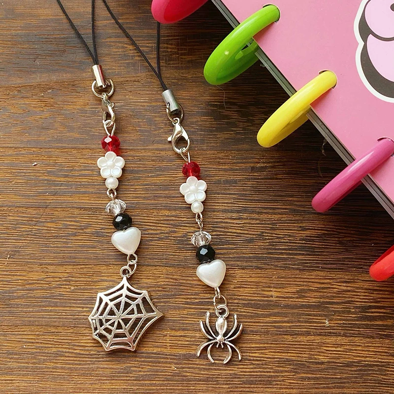 1PC Y2K Gothic Spider Web Beaded Mobile Phone Lanyard Aesthetic Cell Phone Strap Keycord Creative Spider Pendant Phone Chain