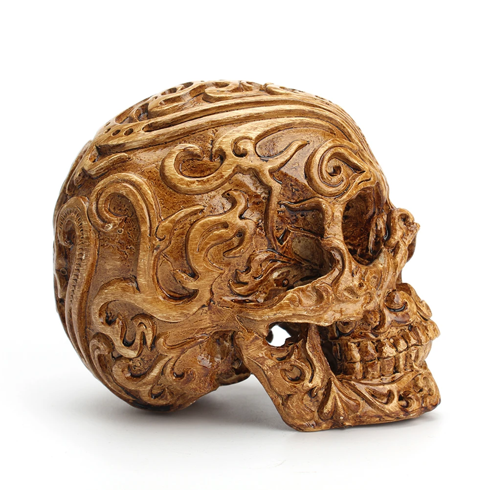 

1pc Skull Head Decor Brown Carved Resin Horror Craft Party Decoration Halloween Props Household Ornaments