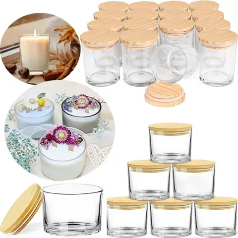 Clear Glass Candle Jars Wide Mouth Small Empty Candle Containers with Airtight Bamboo Lids Transparent Glass Aromatherapy Tray